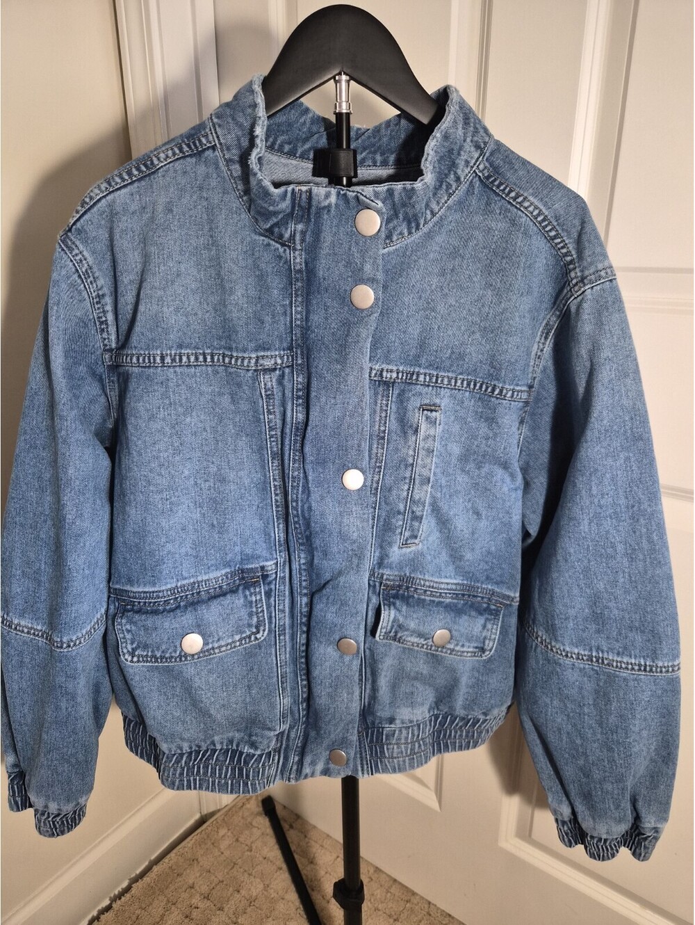 Vintage Collarless Denim Bomber Jacket By And Now This Zip And Snap Closure...